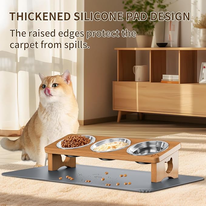 Solid Wood Elevated Cat Bowls with Silicone Food Mat, 15° Tilted Raised Cat Food and Water Dishes, Anti-Vomiting Design, 3 Stainless Steel Bowls for Cats & Small Dogs (Teak)