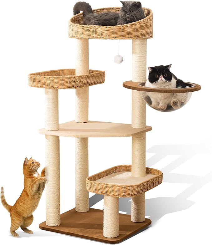 Modern Cat Tree Tower, Hand-Woven Condo for Large Cats with Sisal Scratching Post, Cute Cats Furniture Activity Center