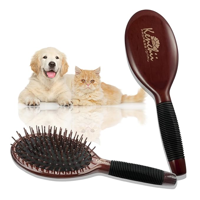 Kenchii Pet Grooming Wooden Pin Brush for Dogs And Cats - Solid Wood, Non Slip Grip Detangling and Shedding Brush for Long or Short Haired Pets - Grooming Brush for Dogs and Cats (Large)