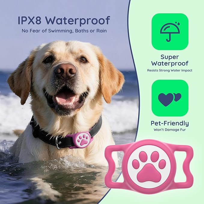 WhoseID Apple Airtag Holder for Dog Collar - IPX8 Waterproof, Lightweight & Soft Silicone Case for Air Tag, Adjustable Fit Dog Cat Pet Collars (Rose, 1 Pack)
