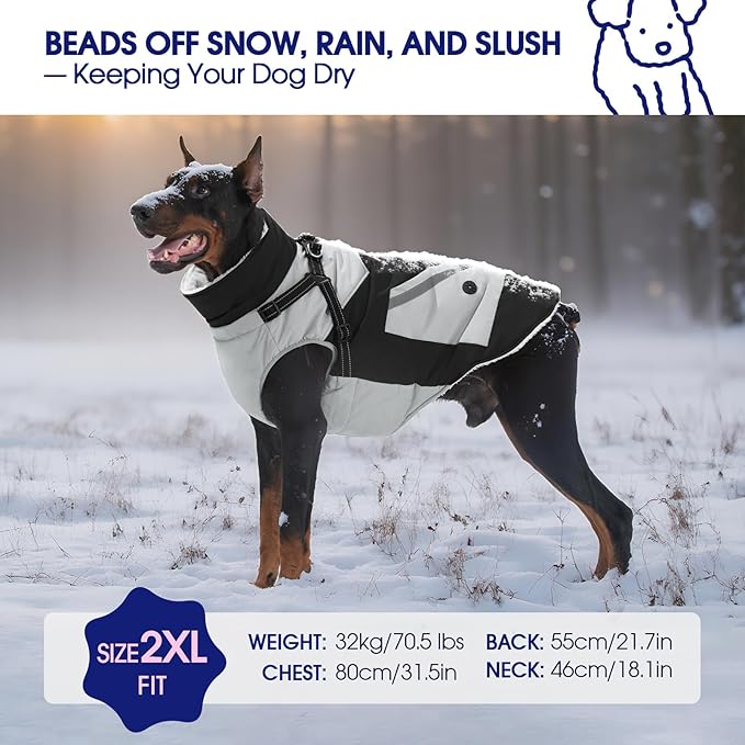FUAMEY Dog Winter Jackets for Large Dogs,Dog Coat with Harness Built in,Waterproof Dogs Snowsuits Warm Pet Jacket Zip Up Fleece Cold Weather Coats Reflective Puppy Vest with Pocket Black L