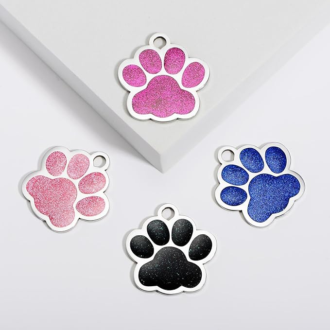 YEHANTI Dog Tags Personalized for Pets, Durable Stainless Steel Glitter Paw Print Pet ID Tags with 4 Line Texts and Icons Engraved, Custom Dog ID Tags and Name Tags for Large Small Dogs Cats (Blue)