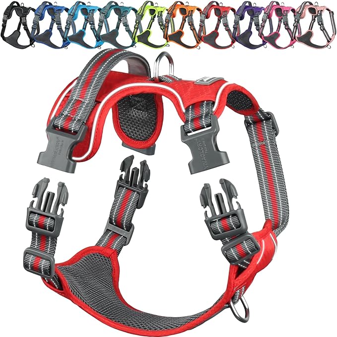 VIVAGLORY Dog Harness Easewalk No Pull Dog Harness with Handle & Front Back Clip for Training Lifting, Easy On Adjustable Padded No Pull for Pet & Puppy, XL, Red