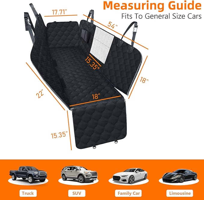 MOUNTORY Waterproof Dog Car Seat Cover, Black Quilted Hammock with Mesh Window for Back Seat, Scratchproof Pet Protection for Cars, Trucks, SUVs, Jeeps