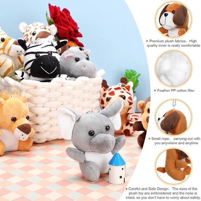 Skylety 12 Pcs Mini Safari Plush Animal Toys 3.9 Inch Cute Forest Animal Toy Deer Tiger Leopard Monkey Elephant Lion Zebra Frog Duck Puppy for Teacher Student Party Classroom Award Prizes