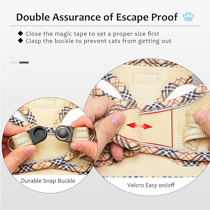 Cat Harness and Leash Set for Walking, Escape Proof Adjustable Soft Mesh Kitten Harness with Reflective Strips, Breathable No-Choke Pet Vest for Small Cats or Puppies(Beige,L)