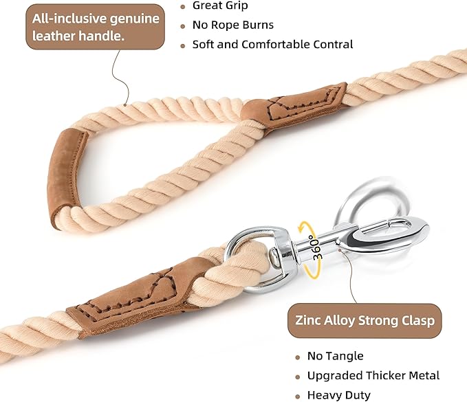 Mile High Life Dog Leash, Braided Cotton Rope Leashes with Leather Handle - Heavy Duty Metal Clasp, 5FT, 1/2" Thick - Wedding, Walking & Training Leash for Small Medium Large Dogs (Light Brown)