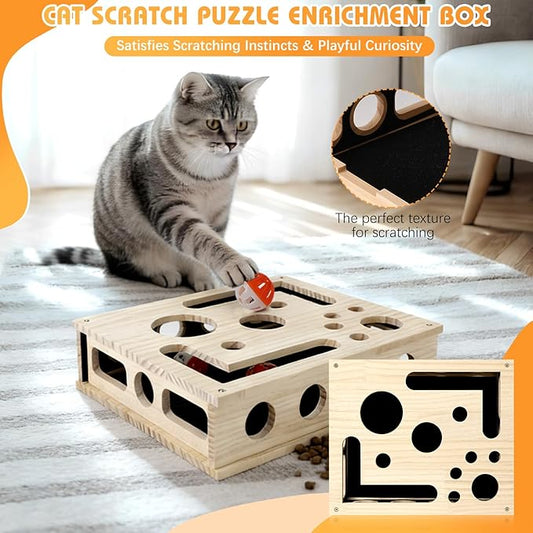 Cat Scratch Puzzle Enrichment Box, Cat Nail File Box with Bell Ball & Sandpaper Inside, It's A Stress-Free Alternative to Trimming Your Nails