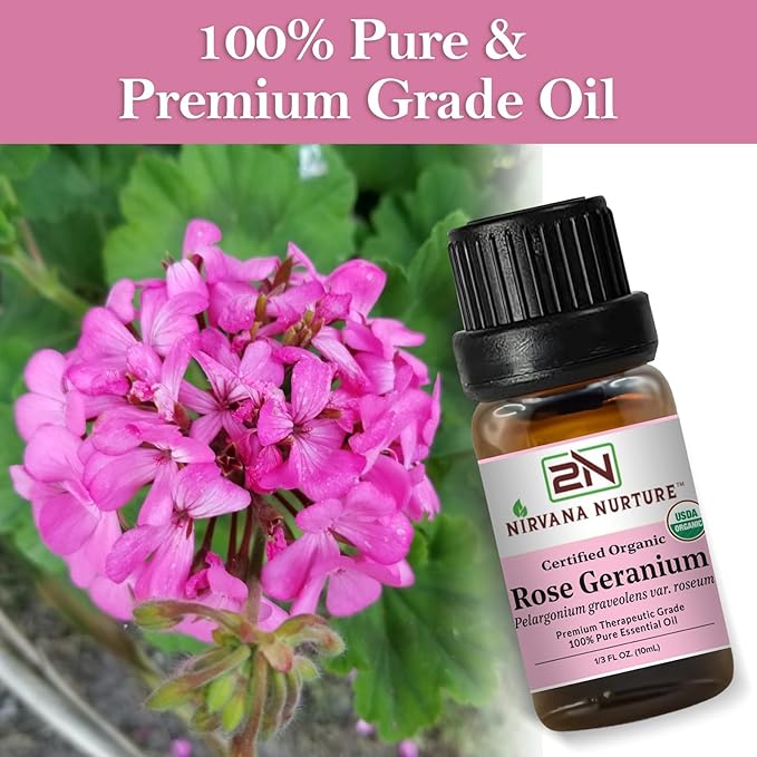 Nirvana Nurture Rose Geranium Essential Oil USDA Certified Organic, 100% Pure Natural Premium Grade, Undiluted