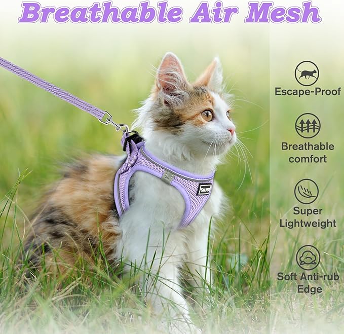 Cat Harness and Leash for Walking Escape Proof, Adjustable Kitten Vest Harness Reflective Soft Mesh Puppy Harness for Outdoor, Comfort Fit, Easy to Control (Purple, L)
