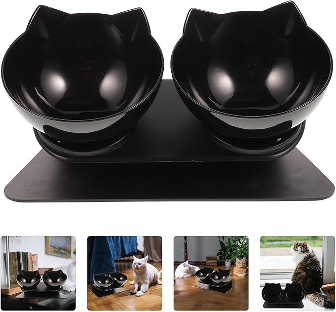 BESPORTBLE Double Raised Dog Feeder Bowl with 15° Neck Guard, Black Plastic Dual Pet Feeding Bowls for Cats and Dogs, Elevated Water and Food Dish for Home Use