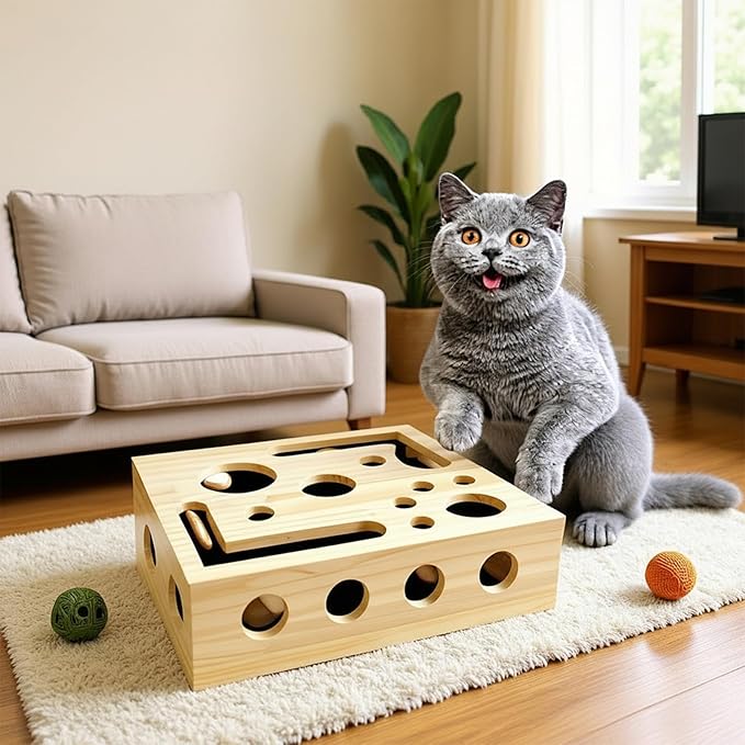 Interactive Cat Enrichment Toy Box,Cat Toy Puzzle Box with Teaser Wand, Balls & Scratch Pad for Indoor Cats, Premium Mental Stimulation and Play for Kittens & Adult Cats