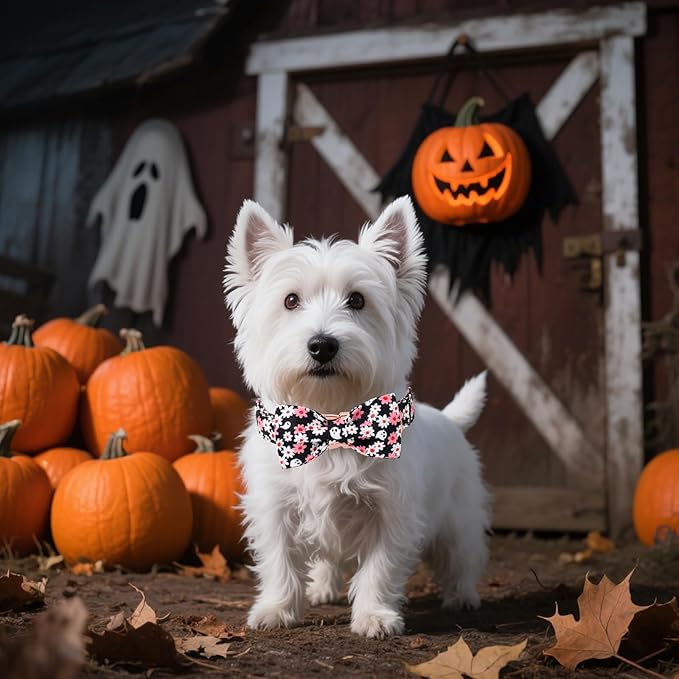 Unique style paws Cotton Dog Collar with Bow Autumn Puppy Collar with Halloween Ghost Flower for Small Medium Large Boys Girls Dogs