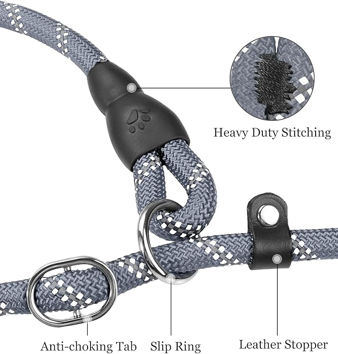 TagME Slip Leads for Dogs, 6 FT Heavy Duty Slip Leash with Padded Handle, Strong Rope No Pull Pet Training Leash for Medium Dogs,Gray