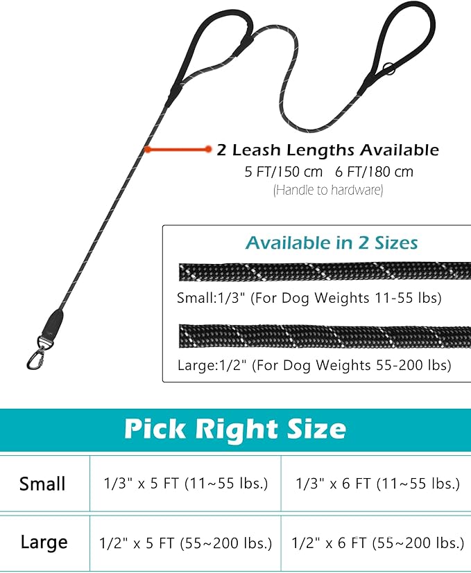 PetBonus Double Handle Rope Dog Leash, 5FT Heavy Duty Training Lead with Lockable Hook and 2 Comfortable Padded Handles, Reflective Walking Nylon Leash for Small Medium Dogs (11-55 lbs, Black)