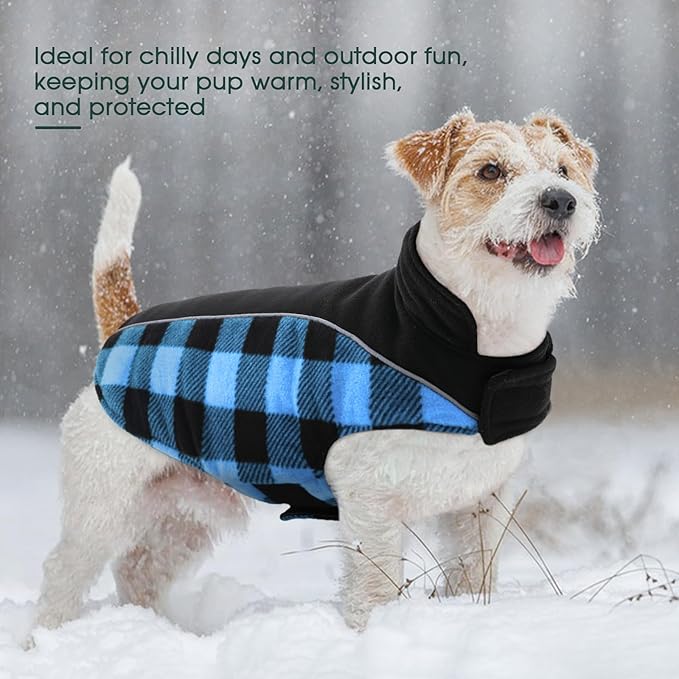 Kuoser Dog Winter Coat, Reversible Waterproof Dog Jacket with Reflective Strip, Warm Dogs Fleece Vest Adjustable Doggy Cold Weather Clothes Plaid Christmas Outfit Pet Apparel for Medium Dogs, Blue M