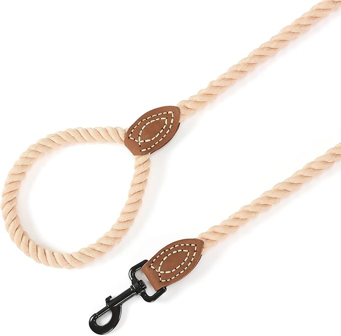 Mile High Life Dog Leash, Braided Cotton Rope Leashes with Leather Tip - Heavy Duty Metal Clasp, 4FT, 1/2" Thick - Wedding, Walking & Training Leash for Small Medium Large Dogs (Light Brown)