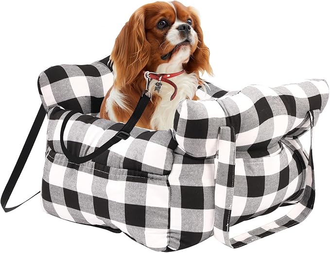 Medium Dog Car Seat Up to 28lbs - Pet Travel Bed Booster with Storage, Safety Tether, Anti-Slip Bottom for Cars(Black/White)