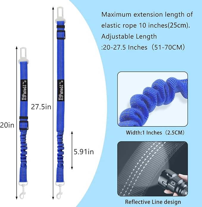 IBWell Dog Seat Belt for Car with Elastic Bungee Leash, Car Leash Car Seat Belt for Dogs (Blue, 2PCS-27.6")