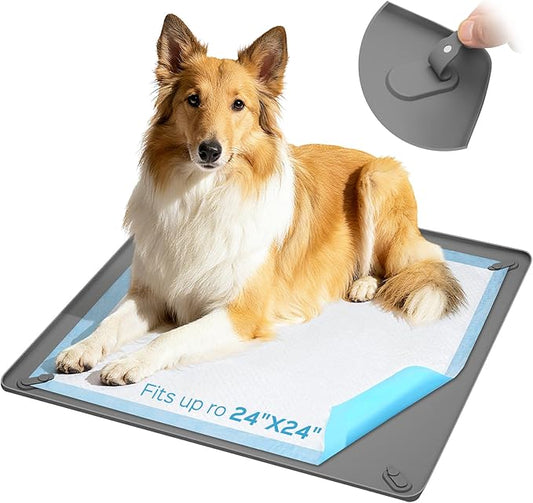 24" x 24" Dog Pee Pad Holder, Silicone Puppy Potty Pad Tray with 4 Built-in Magnetic Clamps Non-Slip Dog Training Pads (Grey)