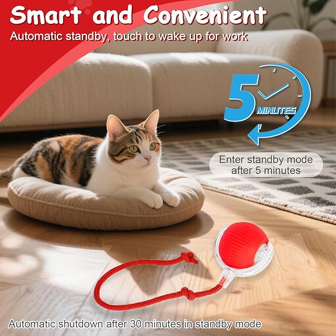 FurryJoy 2PCS Interactive Cat Toys Smart Ball for Cats and Dogs, 360° Automatic Rolling Chase, 2 Rapid-Action Tails, Designed for Indoor pet Exercise, Boredom Relief, and Fun Chase Play.（Red＆Blue）