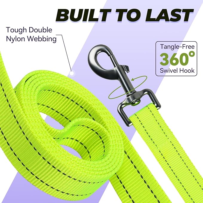 VIVAGLORY Twingrip Dog Leash, Double Handle Dog Leash for Training & Walking with Traffic Handle & 2 Loop, Traffic Control Reflective Heavy Duty for Puppy Pet, 5ft x 1in, Bright Yellow