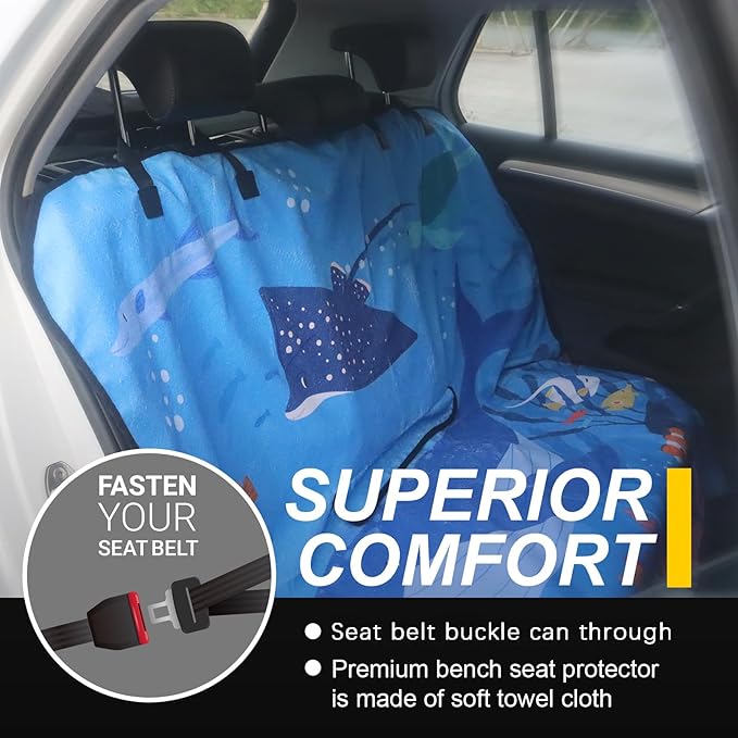 LoyaGour Back Seat Cover for Car Trucks Van SUV,Waterproof Rear Bench Towel Seat Covers for Dogs and Kids,Automotive Backseat Protector (Seaworld)