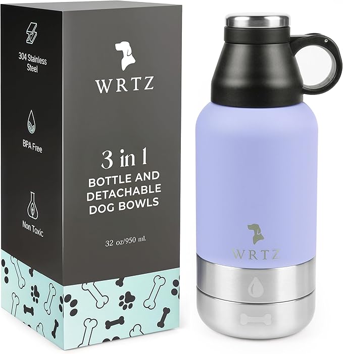 WRTZ Portable Dog Water Bottle with 2 Removable Water Bowls for Dogs – Leak-Proof Insulated Stainless Steel Dog Water Bottle – Travel Accessories for Dogs - 32oz - Lavender
