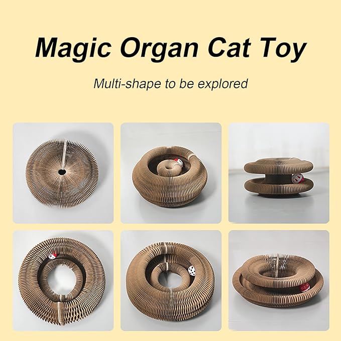 Kitty Kurlz Cat Toy, Magic Organ Cat Interactive Scratcher Cardboard with Bell Ball, Foldable & Changeable Accordion Shape Exercise Anxiety Relief Toy for Indoor Cats(1PCS)