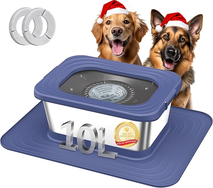 Decflow 10L Stainless Steel Dog Water Bowl, No Spill Anti-Splash Dog Bowls with XXL Silicone Mat, Spill-Proof Slow Feeder for Messy Drinkers, Heavy Duty Pet Bowls for Indoor/Outdoor Use Blue