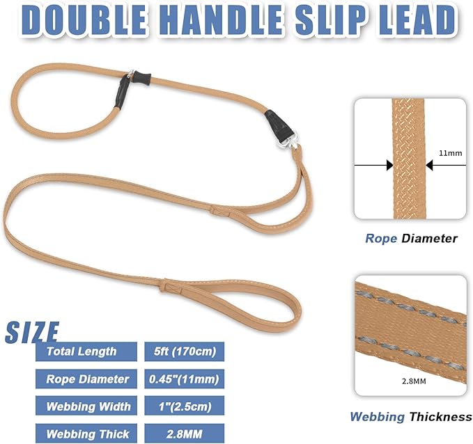 Slip Lead Dog Leash with Double Handle, Reflective Dog Training Leash [360° Swivel Anti-Tangle] Heavy Duty Nylon Slip Lead and Collar for Medium Large Small Dog No Pull Walk 5FT Khaki