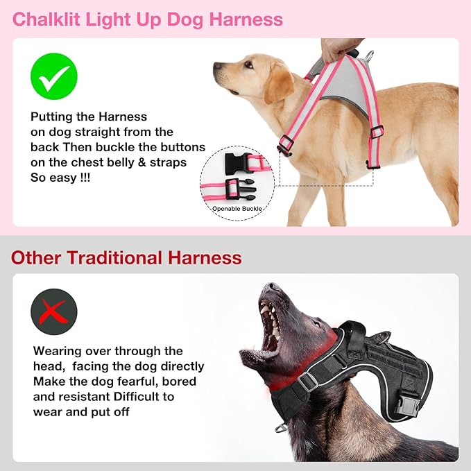 ChalkLit Light Up Dog Harness, No Pull Led Dog Harness Glow-in-The-Dark for Night Walking, USB Rechargeable Lighted Safety Vest for Medium Large Dogs, Adjustable Soft Mesh Fully Illuminated (Pink, M)