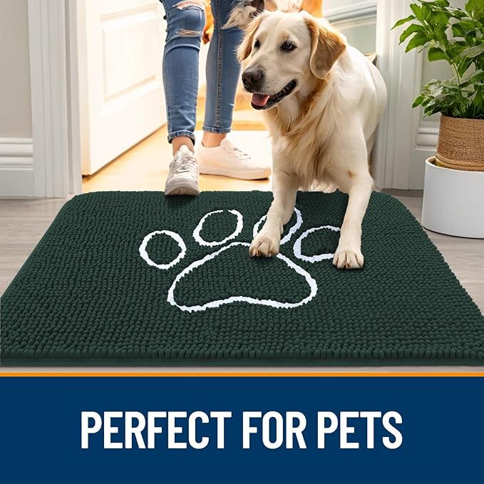 OLANLY Dog Door Mat for Muddy Paws 48x30, Paw Print Design, Absorbs Moisture and Dirt, Absorbent Non-Slip Washable Doormat, Quick Dry Chenille Mud Mat, Entry Indoor Entryway Carpet, Blackish Green