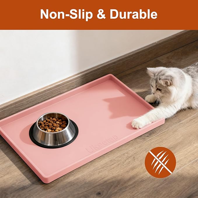 19” x 12” Extra Thick Waterproof Silicone Mat with Raised Edge, BPA Free Non-Slip Dog & Cat Food Mat, Feeding Mat for Food and Water Bowls, Spill Proof Mat to Protect Floors, Pink