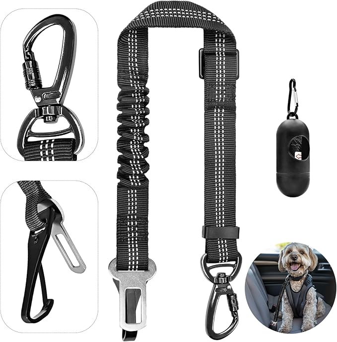 Dog Seat Belt for Car, Dog Car Harness Dog Seatbelt in Car, Safety Leash with Woven Elastic Nylon Buffer Adjustable Rotating Buckle and Dog Poop Bags (19.6-31.5in, Black)