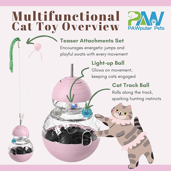 PAWpular Pets Interactive Cat Toy for Bored Indoor Cats, Tumbler Design with Teaser Wand, Cat Food Dispenser & Treat Puzzle Toy, Kitten Enrichment Toys for Mental Stimulation & Slower Eating (Pink)