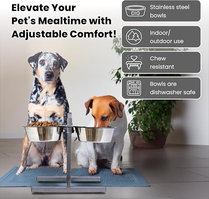 Iconic Pet Adjustable H-Design Double Diner - Non-Skid Rubber Base Noise Free Stable Dog Food Stand with 3 Quart/ 96 oz Stainless Steel Elevated Dog Food Bowls for Proper Growth & Digestion