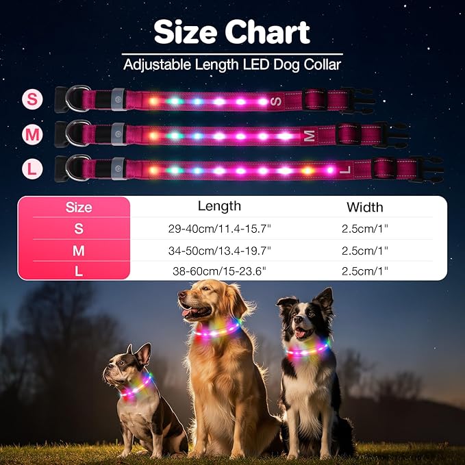 Fiveda Light Up Dog Collar, USB Rechargeable 6 Modes, Waterproof Charging Port, Long Lasting LED Collar - Adjustable Nylon Reflective for Dogs, Sizes S/M/L (7/9/11 Lights) -Pink, S