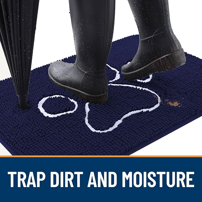 OLANLY Dog Door Mat for Muddy Paws 59x24, Paw Print Design, Absorbs Moisture and Dirt, Absorbent Non-Slip Washable Doormat, Quick Dry Chenille Mud Mat for Dogs, Entry Indoor Entryway Carpet, Navy Blue