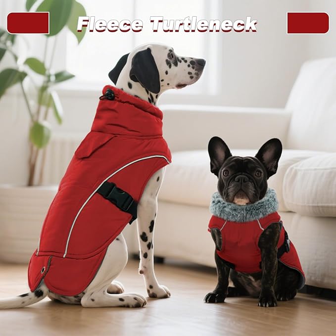 DENTRUN Winter Warm Dog Coat Reflective Jacket with Turtleneck for Cold Weather, Adjustable Buckle Windproof Water Repellent, Thick Snowsuit Fleece Vest for Small, Medium, Large Dogs, Red, XXXL