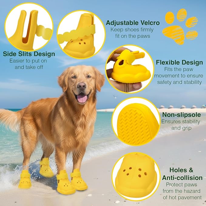 Dog Shoes for Hot Pavement and Snow – Waterproof, Non-Slip, Breathable Booties with Adjustable Straps for Small, Medium and Large Dogs (Yellow, XL)
