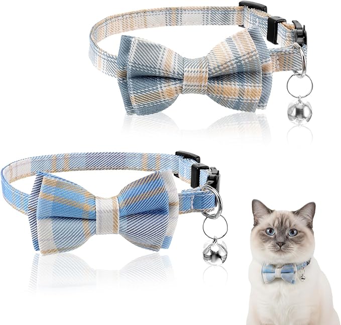 2 Pcs Cat Collar with Bells, Adjustable Breakaway Bow Tie for Shorthair Cat, Chihuahua Ect., Cute Pet Collar for Kitten, Puppy & Small Pets (Blue & White Plaid)