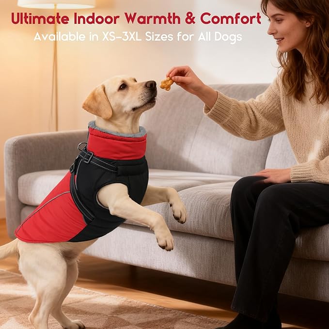 ASENKU Reflective Dog Coat with Built-in Harness, Windproof Fleece-Lined Dog Jacket for Small, Medium, Large Dogs, Warm Winter Vest with Turtleneck & Zipper (Red L)