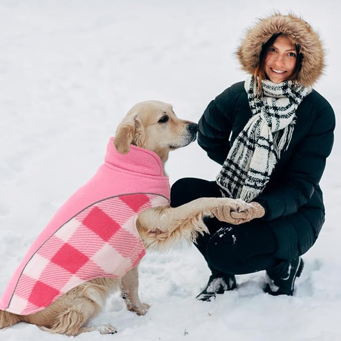 Kuoser Dog Winter Coat, Reversible Waterproof Dog Jacket with Reflective Strip, Warm Dogs Fleece Vest Adjustable Doggy Cold Weather Clothes Plaid Christmas Outfit Pet Apparel for Large Dogs, Pink L
