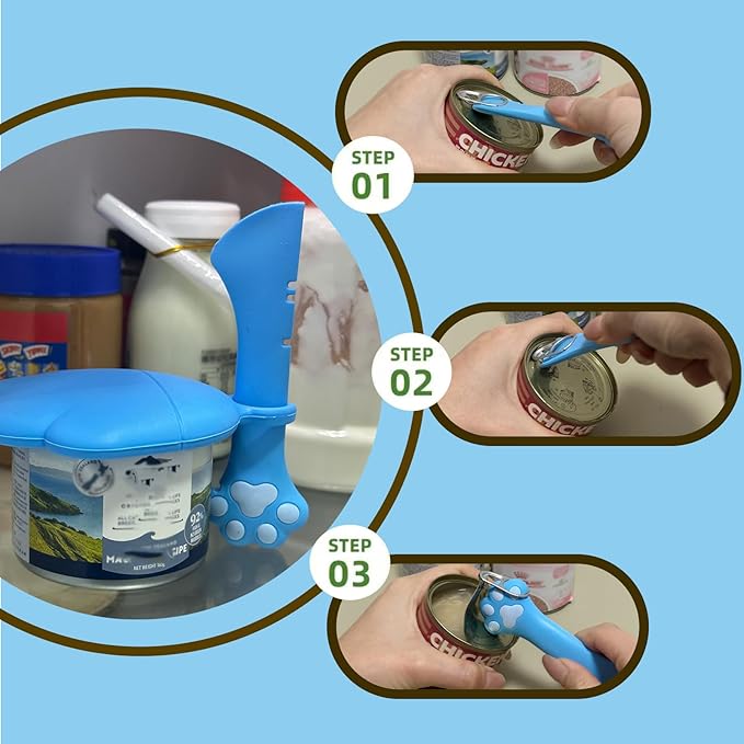 DORUI Cat Food Can Spoon & 3 Pcs Can Lids | Cute Paw Shape Covers & Opener for Wet Food | Universal BPA Free Silicone for Cats and Dogs Food(Blue)
