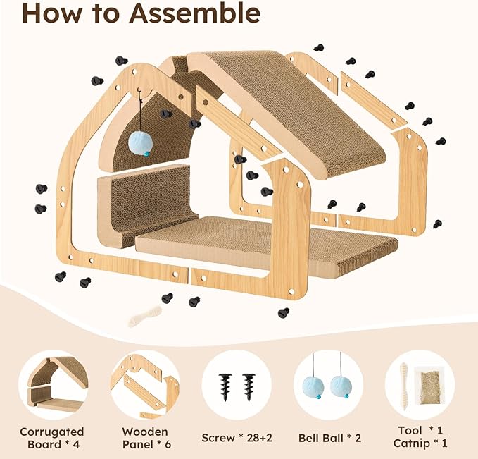 20'' Cardboard Cat Scratcher House - Large Cat Scratching Board with Balls, Cat Lounger as Tunnel for Indoor Cats and Kittens, Safe & Secure, Brown