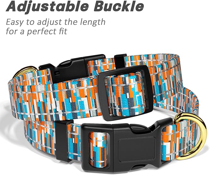 Reflective Dog Collar for Large Dogs, Cute Boho Adjustable Heavy-Duty Nylon Puppy Collar for Boy and Girl Female, Soft Pet Accessories with Quick Release Buckle, Colorful Spliced