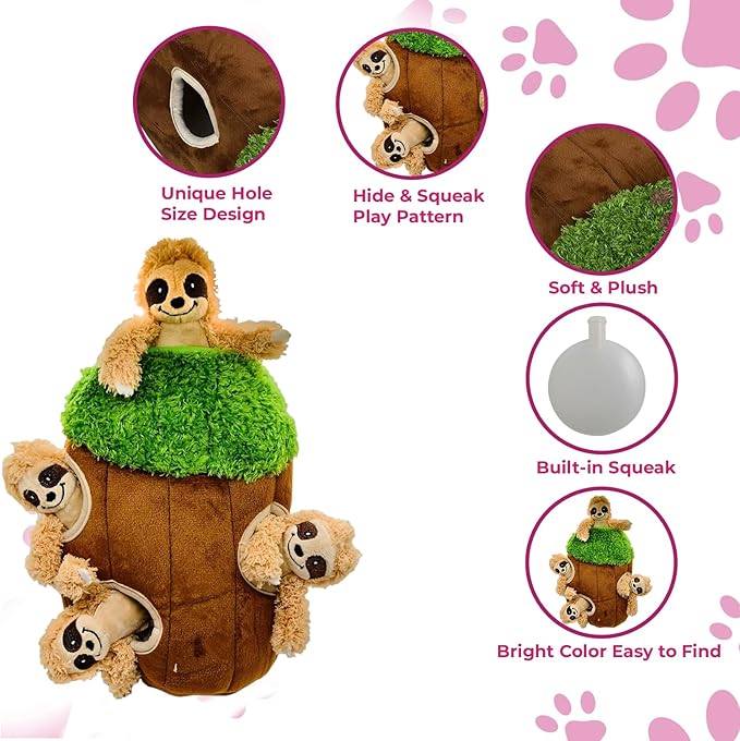 Glow Pups Hide and Seek Dog Toy, Plush Sloth in Tree, Squeaky Interactive Fun, Promotes Mental Stimulation, Keep Your Dog Entertained, Easy to Clean, Soft & Plush, Large, Brown/Green