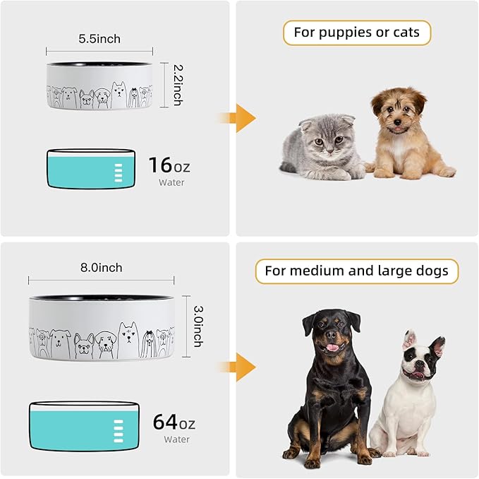 Fun Elements Ceramic Dog Bowls - Non-Slip, 16 Fl Oz Black Bowls with Adorable Dog Patterns (Small)