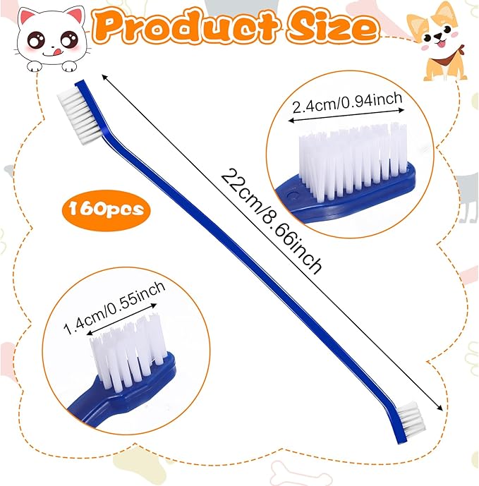160 count Dog Toothbrush Bulk Dual Headed Dental Brushes Dogs Tooth Brushing Kit Long Handle Pet Tooth Brush for Puppy Large Small Cats and Most Pets Teeth Cleaning Dental Care Supplies, 8 Colors